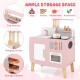 Wooden play kitchen set with stoves, sink, and ample storage for toys and accessories, perfect for imaginative play.
