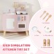 Wooden kitchen playset with stove, sink, and oven, featuring storage and utensils for imaginative play and safety.