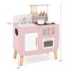 Wooden play kitchen for kids featuring stoves, sink, and oven, designed for imaginative play and safe use.
