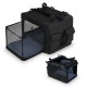 Portable foldable pet carrying bag in black with mesh openings, comfy cushion, and side pockets for travel convenience.