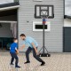 Portable basketball hoop with adjustable height, shatterproof backboard, and a stable base for outdoor play.