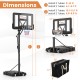 Dimensions of the Portable Basketball Hoop with adjustable height, showing installation options and base specifications.