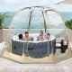 Beige Pop Up Bubble Tent with transparent PVC, featuring dual-sided zippers and side windows for ventilation, perfect.