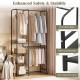 Portable black closet with double hanging rods, adjustable pants hangers, and four shelves for versatile storage.