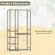 Portable closet with dimensions, featuring double hanging rods, adjustable pants hangers, and four storage shelves in.