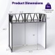 Portable DJ booth dimensions showing a black frame with scrims, designed for versatile lighting and equipment organization.