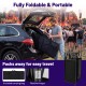 Portable DJ booth with black scrims, fully foldable design, and carrying bag for easy travel and versatile setup.