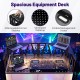 Portable DJ booth featuring a ventilated tabletop, two removable corner shelves, and cable management for a tidy setup.