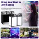 Portable DJ booth with black scrims, foldable design, and carrying bag, ideal for events, weddings, and live performances.