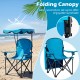 Light blue portable folding beach canopy chair with cup holders, ideal for outdoor use like picnics and fishing.