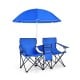 Blue portable folding picnic double chair set with umbrella, featuring cup holders and side pockets for outdoor.