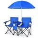 Portable folding picnic double chair set in blue with umbrella, featuring cup holders and side pockets for outdoor use.