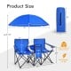 Portable folding picnic double chair set with blue umbrella, featuring cup holders and side pockets for outdoor.