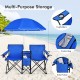 Portable folding picnic double chair set in blue with umbrella, cup holders, and storage pockets for outdoor use.
