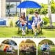 Portable folding picnic double chair with blue umbrella, featuring cup holders and side pockets for outdoor relaxation.