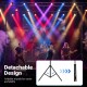 Height adjustable portable lighting truss system with foldable tripods, designed for easy transport and stability at.