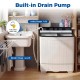 Portable washing machine with built-in drain pump, adjustable inlet hose, and drain hose for easy laundry setup.