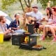 Portable wood burning stove with pot rack, ideal for outdoor cooking, featuring foldable grills and heat-resistant.