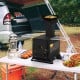 Portable wood burning stove in black with pot rack and side grills, perfect for outdoor cooking and grilling.
