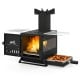 Portable wood burning stove with oven pan, side grills, and heat-resistant glass for versatile outdoor cooking.
