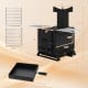 Portable wood burning stove with pot rack, featuring side grills and heat-resistant glass for versatile outdoor cooking.