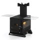 Portable wood burning stove with pot rack, featuring side grills, heat-resistant glass, and robust SPCC construction.