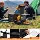 Portable wood burning stove with pot rack, featuring side grills, ash door, and heat-resistant window for outdoor.