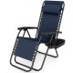 Navy portable zero gravity chair with adjustable backrest and cup holder tray for outdoor relaxation.