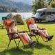 Two portable zero gravity chairs in orange with cup holder trays, perfect for outdoor relaxation and camping.