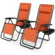 Set of 2 orange portable zero gravity chairs with cup holder trays, featuring adjustable backrests for outdoor.