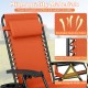 Portable orange zero gravity chair with adjustable pillow and cup holder tray for outdoor relaxation and comfort.