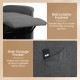 Retractable footrest and side storage pocket of a gray power lift recliner chair for elderly comfort and convenience.