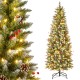Pre-lit 6 ft artificial pencil Christmas tree with pine cones and red berries, featuring 250 warm white lights for.