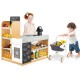 Display shelves with baffles and open spaces, part of the pretend play grocery store set for organized storage and fun.