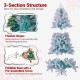 Pre-lit artificial Christmas tree with snow flocked tips, featuring flexible hinges and a foldable metal base for easy.