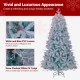 Pre-lit artificial Christmas tree with snow flocked white twigs, white and blue PVC leaves, and red berries for festive.