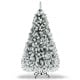 Snow-flocked 6 ft pre-lit artificial Christmas tree with LED lights and sturdy metal stand for festive decoration.