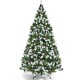 Snow flocked 6-foot Christmas tree with red berries, pine cones, and 250 warm white LED lights for festive decoration.