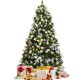 Snow flocked 6-foot Christmas tree with red berries, pine cones, and 250 warm white LED lights, perfect for festive.