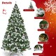 6-foot pre-lit snow flocked Christmas tree with red berries, pine cones, and 250 warm white LED lights for festive.