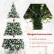 Snow flocked 6-foot Christmas tree with 250 LED lights, red berries, and hinged construction for easy setup and storage.