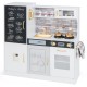 Pretend play kitchen in white with utensils, featuring a sink, stove, and dishwasher for imaginative cooking fun.
