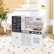 Pretend play kitchen in white with utensils, featuring a sink, stove, and chalkboard for imaginative cooking fun.