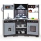 Wooden pretend play kitchen set in brown with range hood, lights, sounds, sink, and accessories for immersive play.