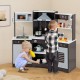 Wooden pretend play kitchen set in brown with range hood, realistic sounds, lights, and various accessories for kids.