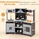 Wooden pretend play kitchen toy set in brown with range hood, lights, sounds, and various accessories for kids.