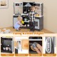 Close-up of the microwave oven in the wooden pretend play kitchen set with realistic sounds and lights for engaging.