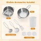 Stainless steel pot, pan, cup, and 3 kitchen utensils included in the pretend play kitchen toy set for imaginative.