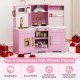 Wooden kids kitchen playset in pink with realistic sounds, lights, sink, and accessories for imaginative play.