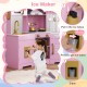 Ice maker feature of the pink pretend play kitchen toy set, showing ice tube dispensing for realistic play.